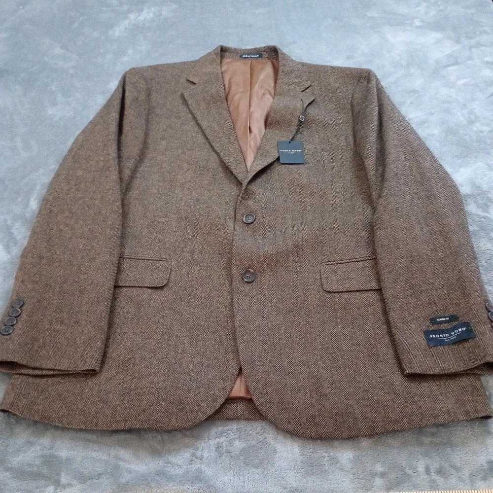 Pronto Uomo Blazer Mens 44R Brown Herringbone Classic‎ Fit 2-Button Sport Coat